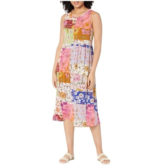 Johnny Was Cosmo Easy Fit Tea Length Patchwork Bamboo Midi Dress Women Large - Picture 1 of 16